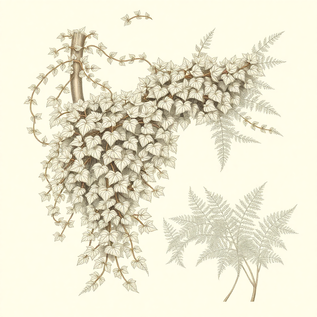 vintage botanical illustration of overgrown ivy and ferns, detailed line art, sepia tones, library aesthetic